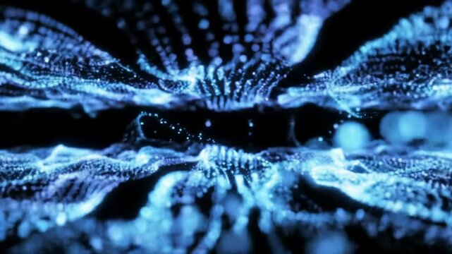 Thousands of shimmering, bio-luminescent data streams and incandescent nano-particles in electric blues, violets, and cyans coalesce into intricate fractal patterns against a vast matte black void