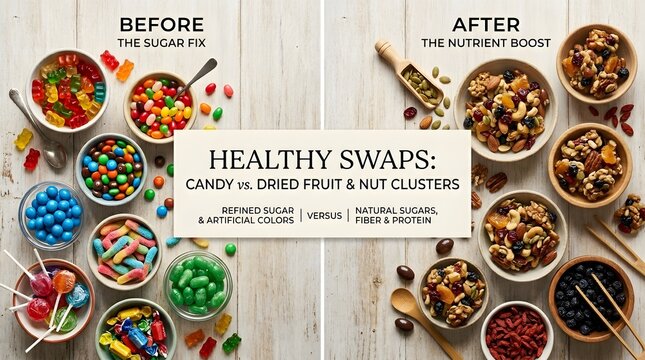 Dietary Concept Comparing Sugary Candy vs Healthy Dried Fruit Clusters