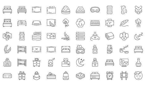 Sleep comfort and bedding thin line vector icon set