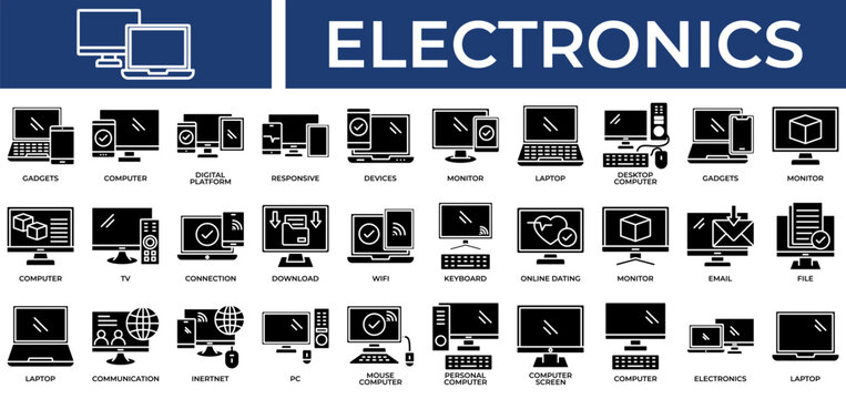 Electonics icon set collection. Containing link, program, write, email, monitor, personal, article .Solid vector icons collection