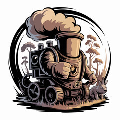 Vintage steam locomotive illustration with wildlife. © Ashiq