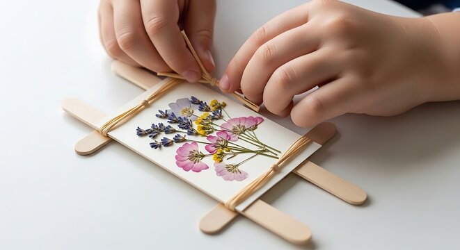 Child hands carefully tying rustic twine around a beautiful paper card decorated with dried flowers
