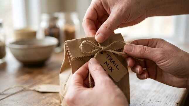 Hands Tying a Twine Bow on a Kraft Paper Snack Bag