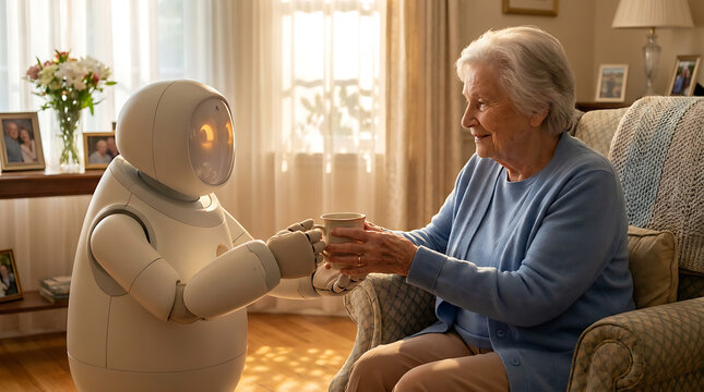 Senior woman interacting with helpful domestic robot in cozy home environment, technology
