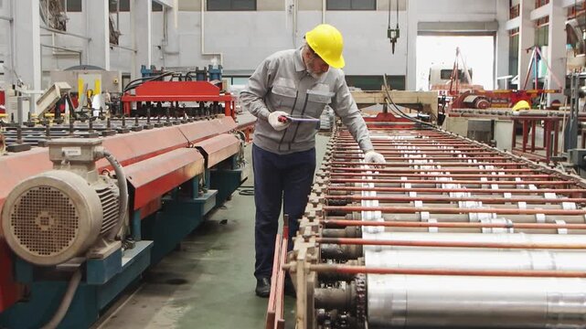 Senior male worker with safety clothing and helmet holding tablet and walkie talkie during inspecting, maintaining machinery used in factory. Elderly worker check machine in manufacturing factory.