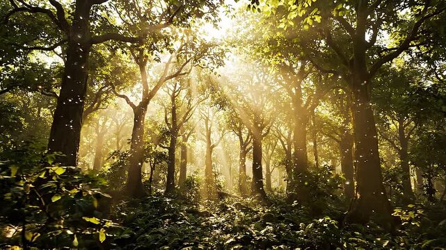 Sunlight filters through dense forest canopy, illuminating lush greenery and creating a serene atmosphere in a tranquil woodland setting during golden hour