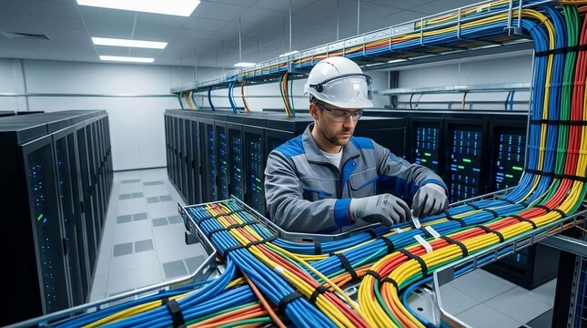IT technician managing colorful network ethernet cables in modern data center server room