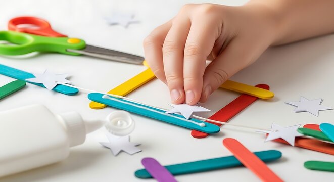 Small child hand carefully gluing white paper stars onto colorful wooden craft sticks for project