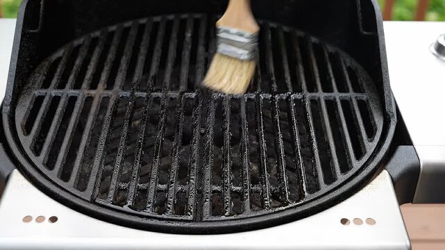 Hand applying oil with a brush to a cast iron grill grate, showing the meticulous cleaning process in a backyard setting with greenery in the background