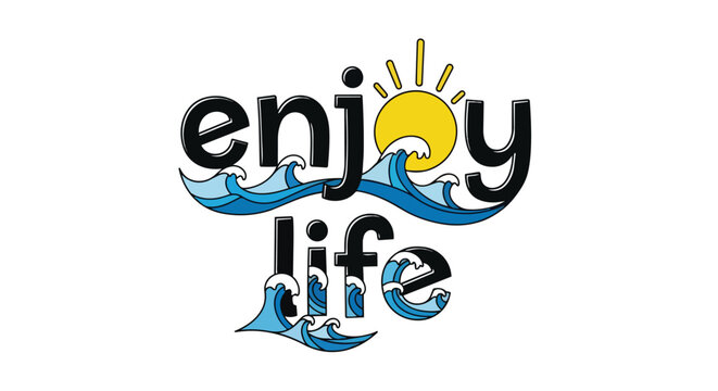 Enjoy Life Summer Quote with Ocean Waves and Sun Typography