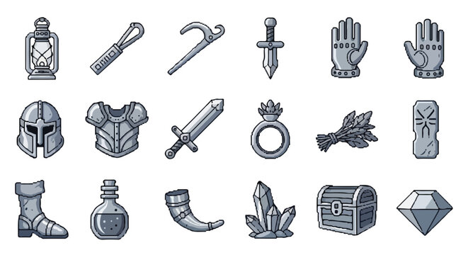 A collection of eighteen stylized vector icons depicting various fantasy RPG loot items such as armor, weapons, potions, and treasures in a blue-grey theme.