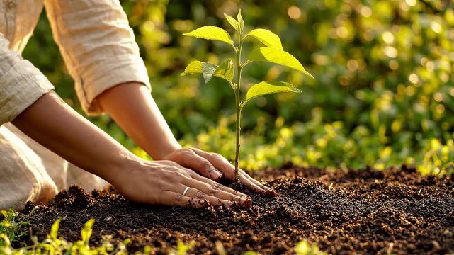 Female gardener plants young sapling into rich soil, gently pressing down around the base to ensure stability in a lush green garden setting