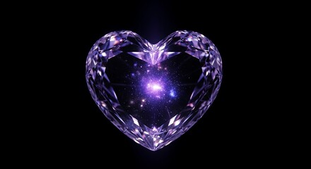 Fototapeta premium A glowing purple heart shaped diamond gemstone shines brightly on black