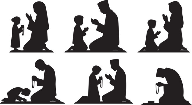 Family prayer silhouette icon set illustration, parent child vector artwork, devotion design graphic, worship emblem symbol, minimalist faith theme