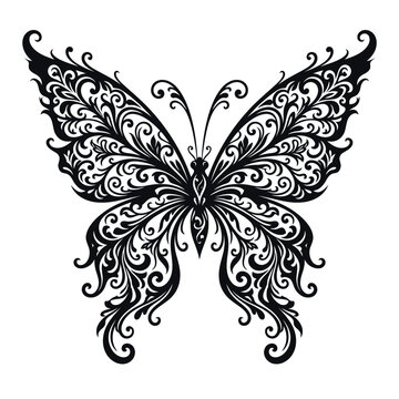 Intricate Ornamental Butterfly Silhouette with Floral Swirls and Filigree Filigree Patterns for Decorative Art Projects