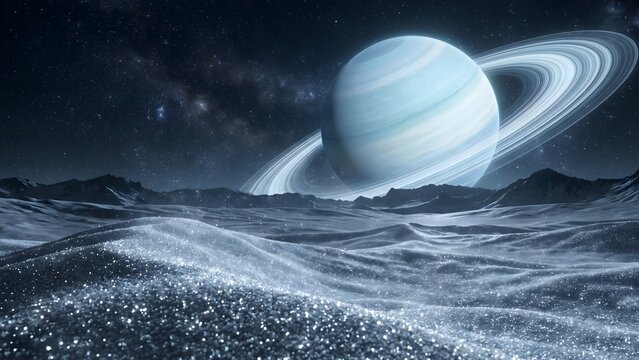 An epic cosmic landscape featuring a frozen, desolate desert planet surface covered in sparkling stardust, with a massive, breathtaking ringed planet dominating the star-filled night sky.