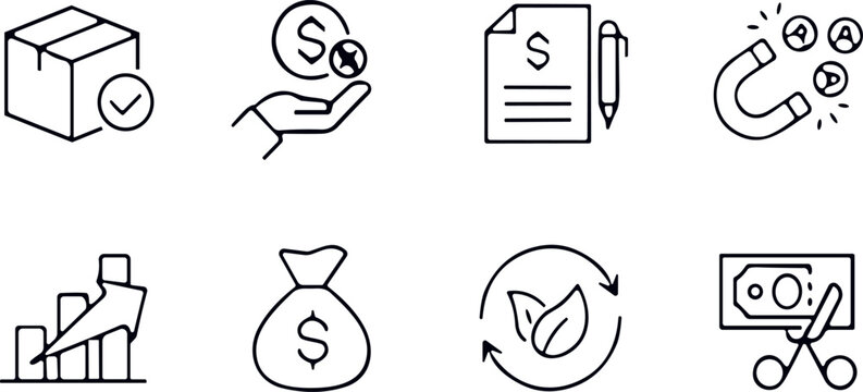 Business Finance and Sustainable Economy Line Icon Set for Marketing Logistics Cost Reduction and Growth Strategies