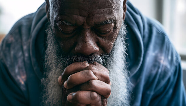 An elderly Black man with a grey beard is wearing a blue hoodie. He clasps his hands in prayer, bows his head, seeking solace or guidance. His mood is solemn and contemplative, focused on his spiritua