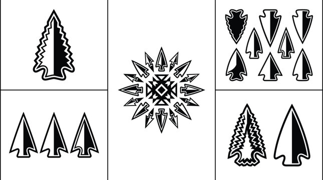 Collection of black and white tribal arrowhead vector silhouettes, spearhead icons, and geometric indigenous design elements