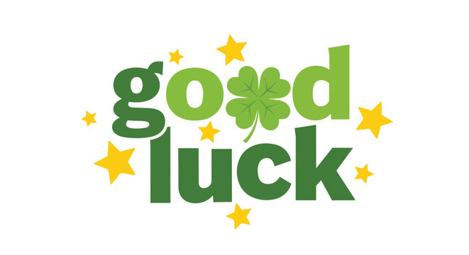 Good Luck Greeting with Four Leaf Clover and Yellow Stars