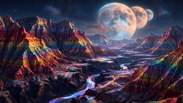 An epic alien landscape featuring jagged, multi-layered rainbow-colored rock formations and a winding colorful river, set under a celestial night sky dominated by three overlapping moons of varying si