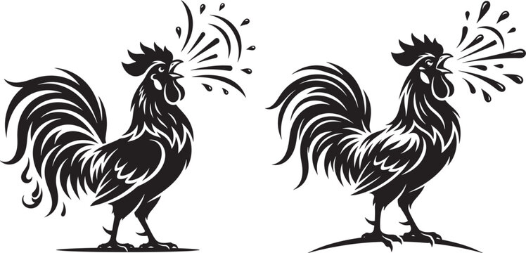 Crowing rooster silhouette vector icon set on white background with farm animal farm life agriculture icon silhouette domestic