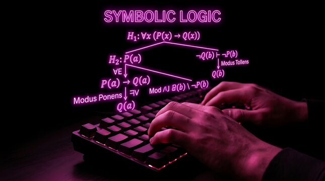 Symbolic Logic Concepts Displayed Above Hands Typing on a Keyboard.