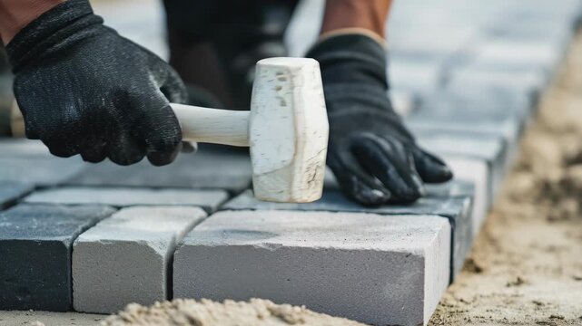 Construction worker laying paving stones on ground using rubber mallet