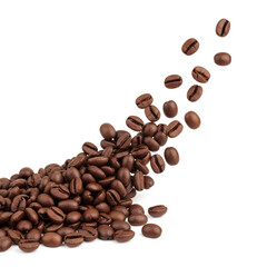 Naklejka premium A pile of coffee beans being thrown into the air with some scattered around.