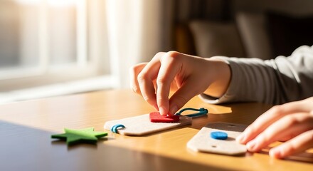 Fototapeta premium Child placing a small red felt heart shape onto a beige tag on wooden desk