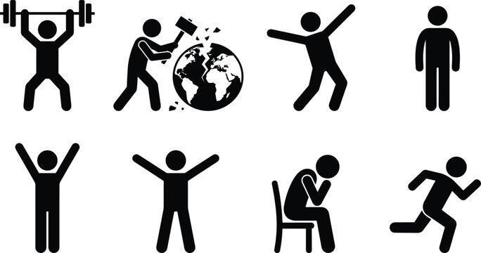 PrintStick figure icons representing diverse human activities including exercise, celebration, sadness, running, and symbolic actions in minimalist design