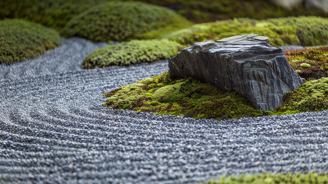 A flat rock rests on a moss island surrounded by raked gravel in a classic Japanese karesansui dry landscape garden.