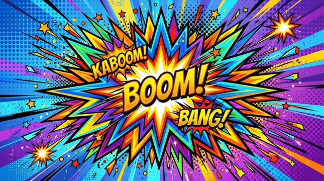 Explosive colorful fireworks display with text boom bang.
