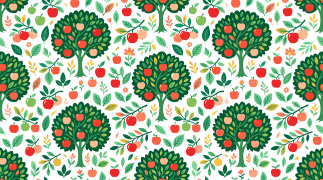 Seamless pattern featuring lush green apple trees with ripe red fruit and seasonal leaves for textile and wallpaper design