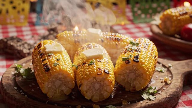 Grilled corn on the cob with melting butter and fresh cilantro served on a wooden platter, surrounded by colorful papel picado decorations and a checkered tablecloth