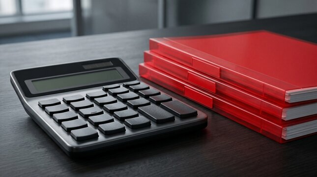 Modern calculator and red folders symbolizing financial budget cuts
