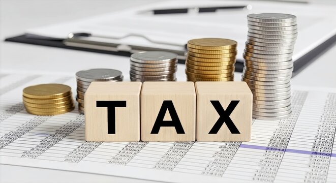 Conceptual wooden blocks with the word tax displayed next to stacked coins on a financial document for professional accounting and business planning