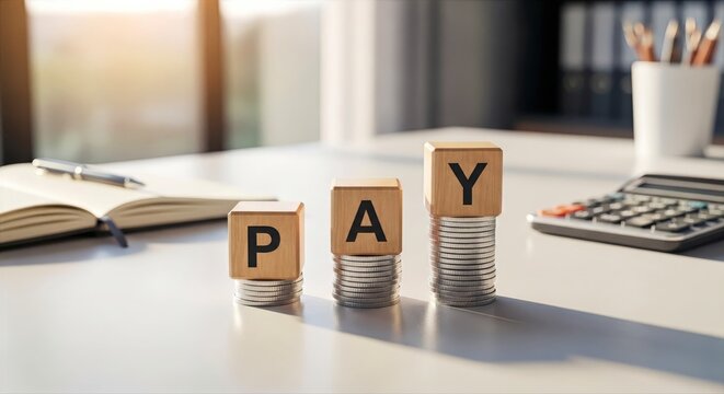 Wooden blocks spelling PAY on rising stacks of coins in a bright office setting