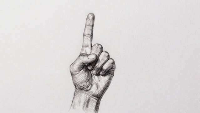 Black white drawing hand raised there finger middle thumb left fingers right index pointing black white drawin