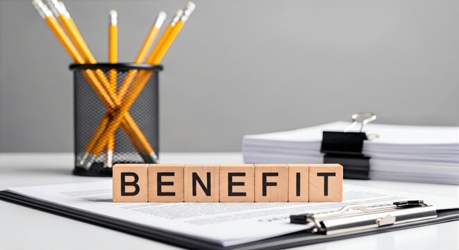 Business concept of employee benefit or profit shown with wooden blocks on office desk paperwork and stationery