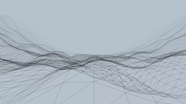 Monochrome wireframe mountain landscape waves ripple across a lowpoly mesh terrain in a seamless 3D animation loop for tech presentations