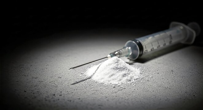 Hypodermic Syringe Placed Next to a Small Pile of White Powder Substance Representing Dangerous Drug Addiction and Substance Abuse