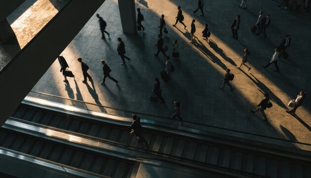 People walking across a sunlit urban area casting long shadows, viewed from above, near escalators or stairs in a modern architectural setting.