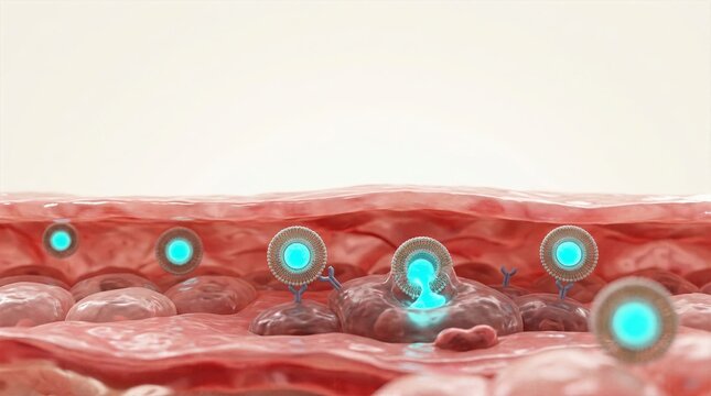 Microscopic view of skin cells and nutrient delivery system, showing absorption process. Perfect for skincare serum advertisements, beauty technology, and cellular biology research.