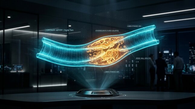 Futuristic digital twin of coronary artery with atherosclerotic plaque visualization. Medical technology concept for cardiology, vascular health, and surgical planning.