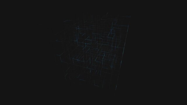 Abstract cubic grid lines form a digital matrix network structure in a complex 3D rendering with neon blue light paths on a dark background