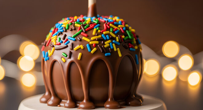 Macro Close Up of Chocolate Covered Candy Apple with Colorful Sprinkles