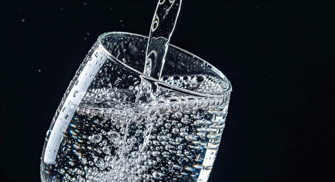 Pouring fresh mineral water into a clear glass on a black background