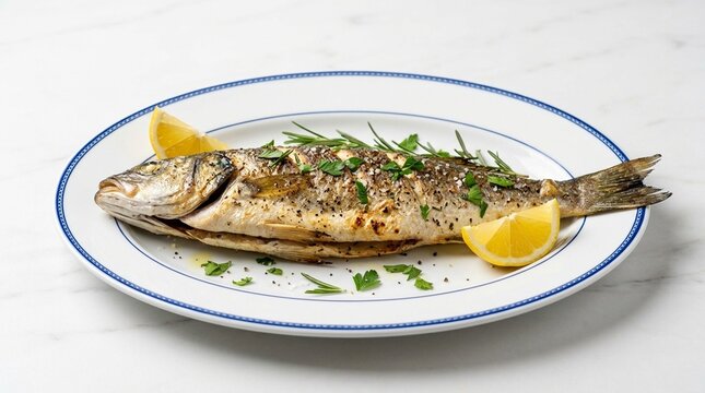 Whole Grilled Levrek Sea Bass on White Plate &ndash; Mediterranean Fish Dish Second Angle View