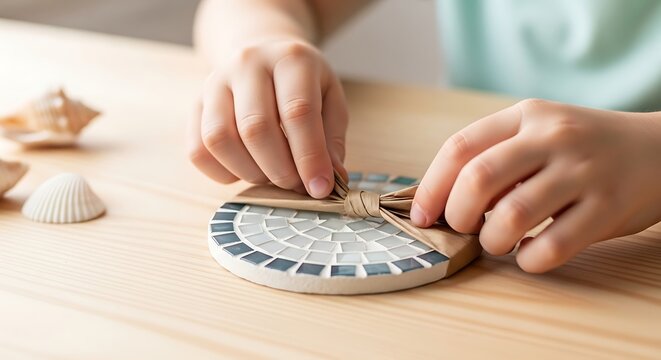 Child hands carefully wrapping a decorative mosaic tile coaster with brown paper and a bow